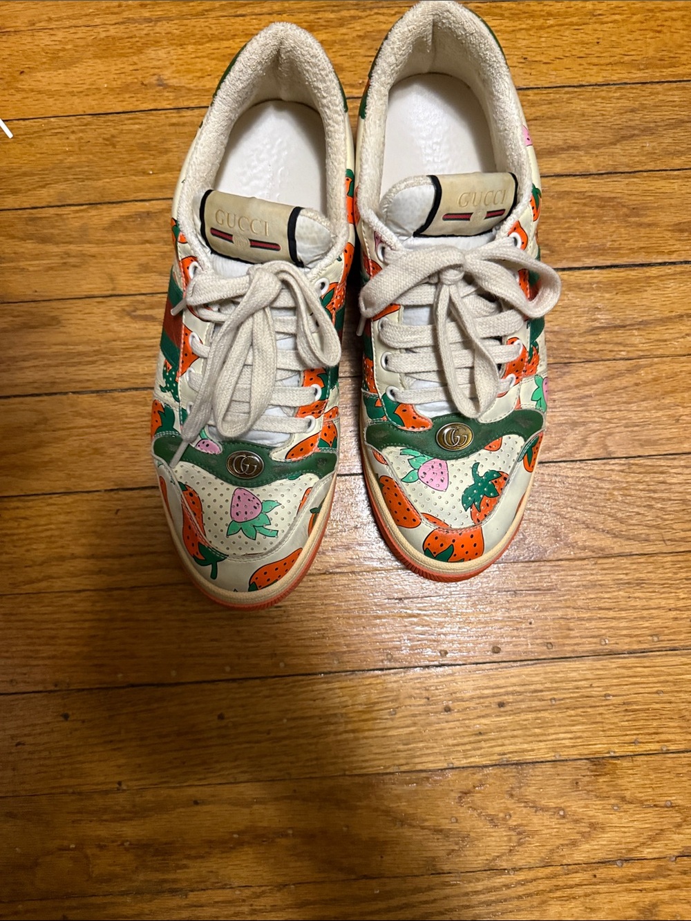 Gucci Women Cream Leather Sneakers with Orange & Green Strawberry Motif